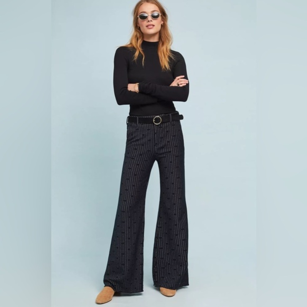 Cartonnier Anthropologie Jaquard‎ Dot Stripe Bell Bottom Flare Pants Size 28